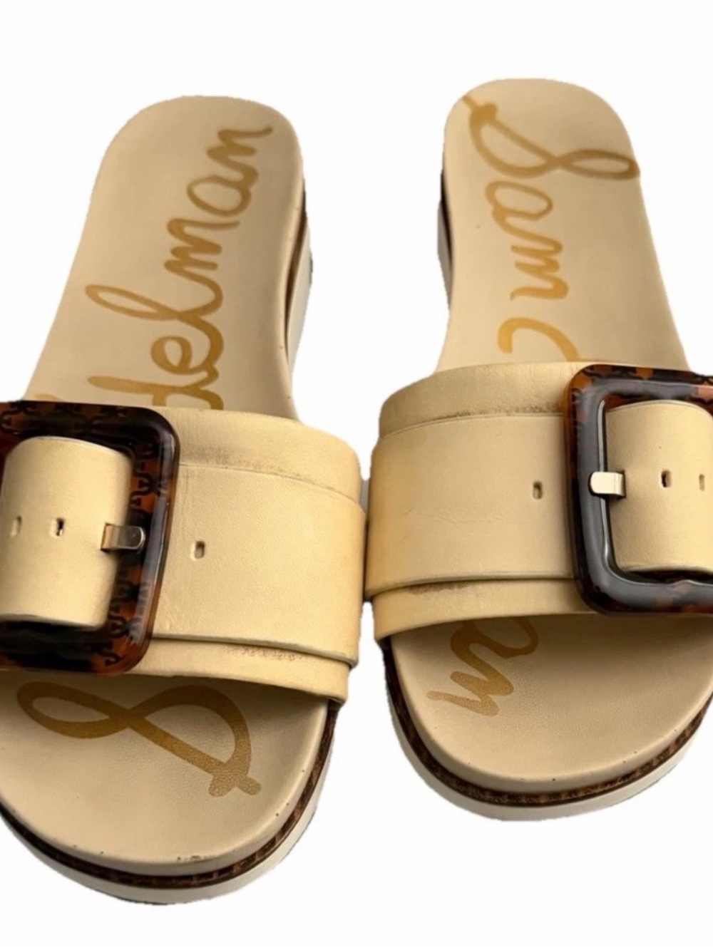 Sam Edelman Cream Slide Sandals with Tortoiseshell Buckles - Picture 2 of 5